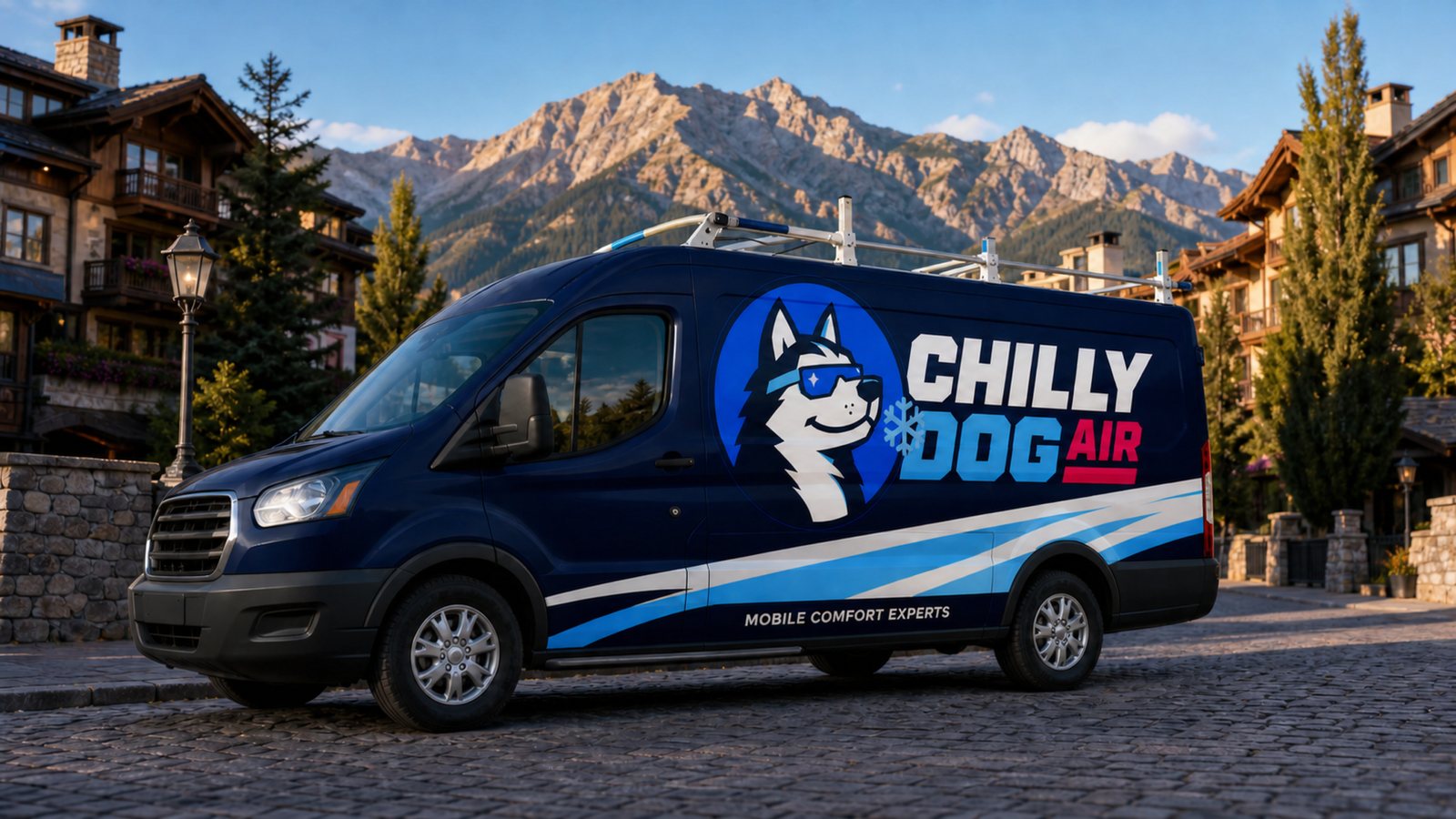 Chilly Dog Air branded service van in Vail, Colorado